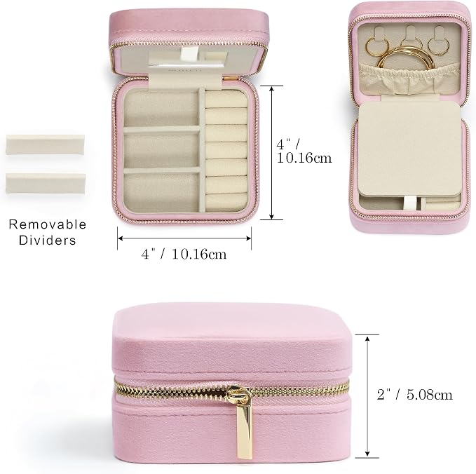 BLUTETE Travel Jewelry Box Organizer Velvet Travel Case With Mirror Ring Earrings Necklaces Storage Organizer Box (Light Pink) - Image 2