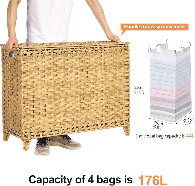 Laundry Hamper with 4 Removable Liner Bags; 176L Handwoven Rattan Laundry Basket with Lid & Heightened Feet; Clothes Hamper with Side Handles - Image 4