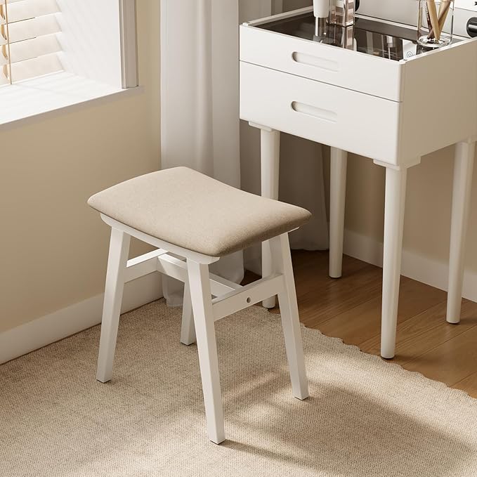 Muwuele Solid Wood Vanity Stool, Compact Makeup Chair with Saddle Cushion, Linen-Covered High Rebound Sponge Seat, Easy Assembly Footstool for Bedroom, Entryway, Home, White