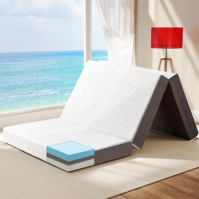 Hanherry 4 Inch Foldable Mattress Queen Size, Tri-Folding Portable Memory Foam Topper Floor Bed with Storage Bag, Washable Cover for Travel, Camping, RV, Guest