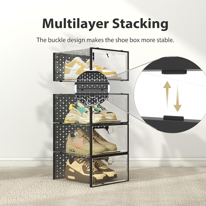 Pinkpum 12 Pack XXL Shoe Storage Box Fit for Size 14, Clear Plastic Stackable Shoe Organizer for Closet, Shoe Containers Sneaker Storage Clear and Black - Image 3