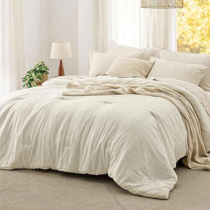 Bedsure California King Comforter Set, Ivory Soft Prewashed Bedding for All Seasons, 3 Pieces GentleSoft™ Bed Set, 1 Lightweight Comforter (104"x96") and 2 Pillowcases (20"x36")