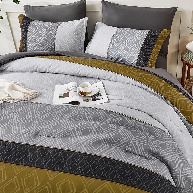 Dinjoy Boho Queen Comforter Set Gray Yellow,7 Piece Bed in a Bag Queen Size Warm Striped Mustard Grey Bedding Sets Plaid Fall Comforters Set with Sheets for Family All Season