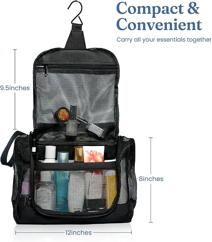 The Fine Living Portable Latex Mesh Shower Caddy Tote Bag, Gym Shower Caddy Hanging Organizer with Metal Hook, Dorm Room Essentials, Travel Toiletries, Camping RV Essentials, Black 12”x3”x8” - Image 2