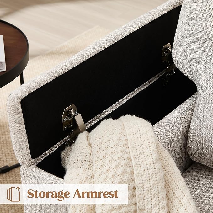 Beige Accent Chair with Armrest Storage, Modern Upholstered Reading Living Room Chairs, Comfy Large Armchair, Fabric Single Sofa Chair for Bedroom