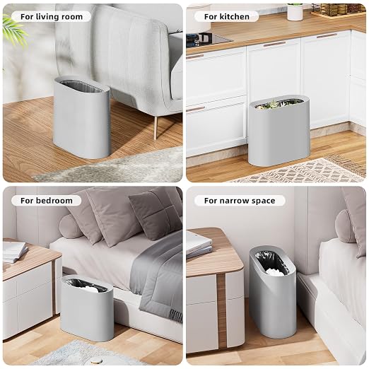 SUBEKYU 2.3 Gal Trash Can for Bathroom,Small Office Garbage Can for Kitchen,Slim Rectangular Waste Bin,Plastic,Grey - Image 5