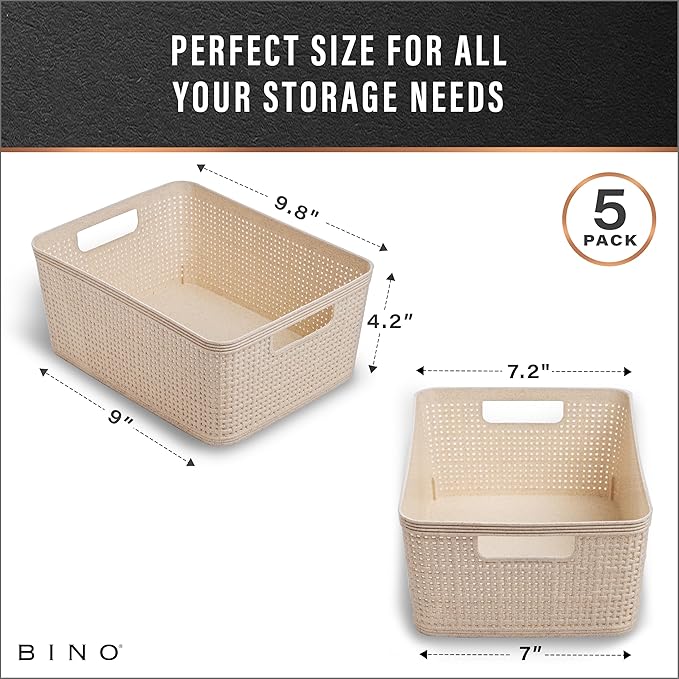 BINO | Woven Plastic Basket | Small (Natural), 5-Pack | THE JUTE COLLECTION | Home Organization, Space - Saving Storage, Stylish Design | Jute Basket | Plastic Storage Basket - Image 3