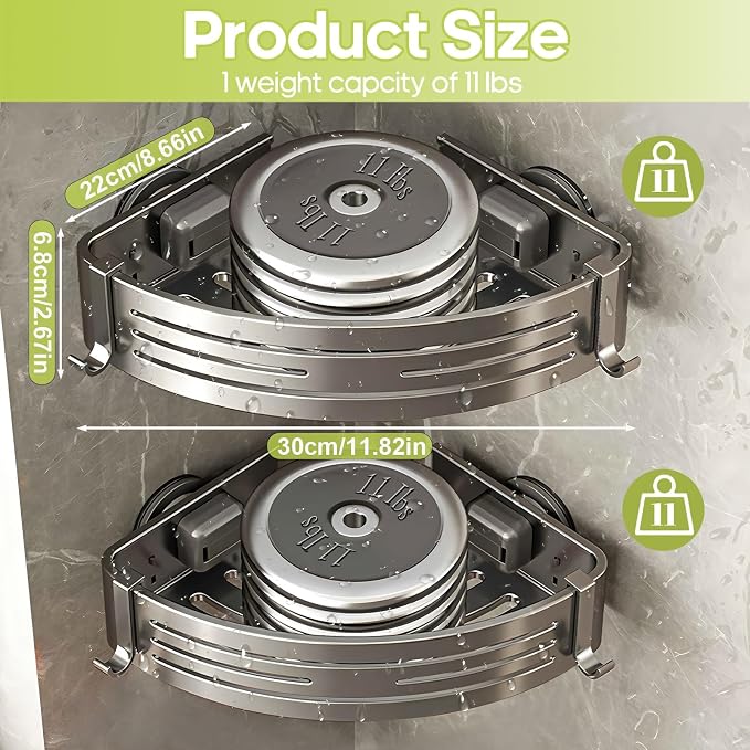 Corner Shower Caddy Suction Cup,Shower Shelves with Hooks,No Drilling Powerful Suction Bathroom Organizers and Storage,Removable Waterproof Rustproof Shower Bathroom Accessories Decor(Grey 1Pack) - Image 2