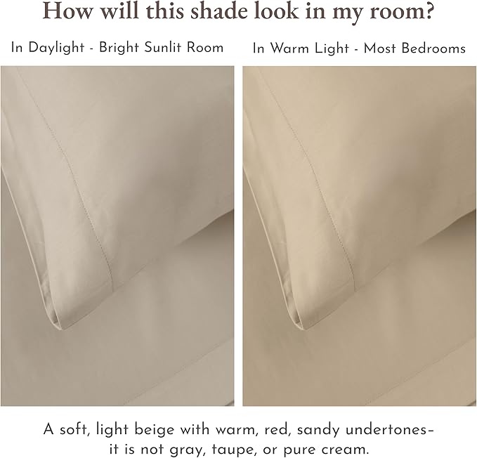 California Design Den Natural 100% Cotton Sheets Twin XL Size Set - Soft Sateen, Twin XL Sheet Sets, 12" Pockets, Breathable & Durable Bedding for Dorm Rooms, College Beige (Warm Taupe)