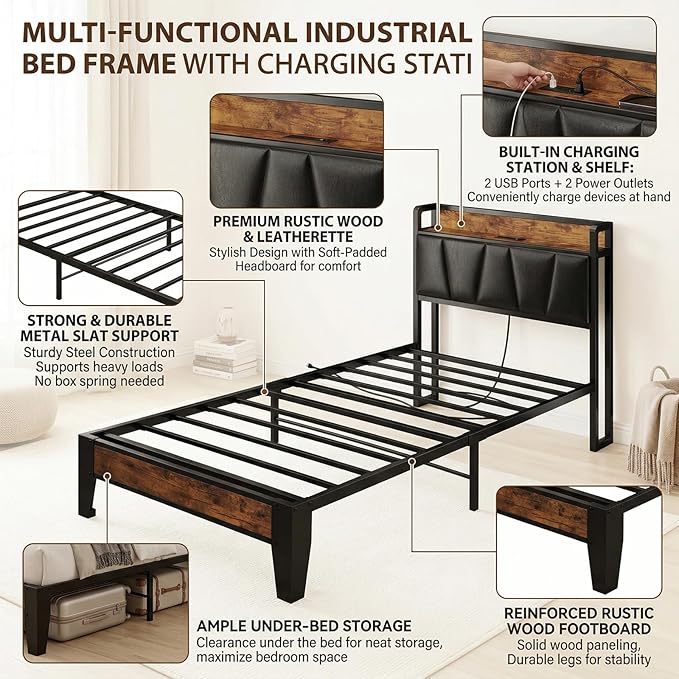 LIKIMIO Twin Bed Frame, Storage Headboard with Charging Station, Solid and Stable, Noise Free, No Box Spring Needed, Easy Assembly (Vintage and Black)