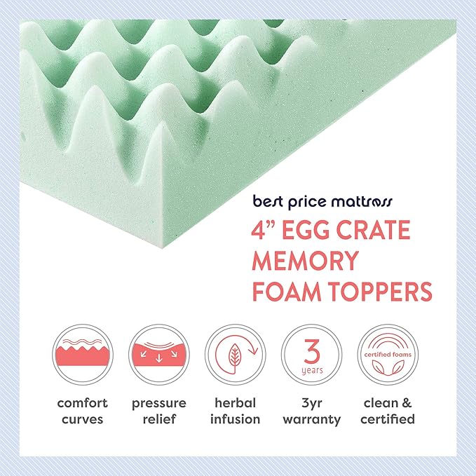Best Price Mattress 4 Inch Egg Crate Memory Foam Mattress Topper with Calming Aloe Infusion, CertiPUR-US Certified, Short Queen
