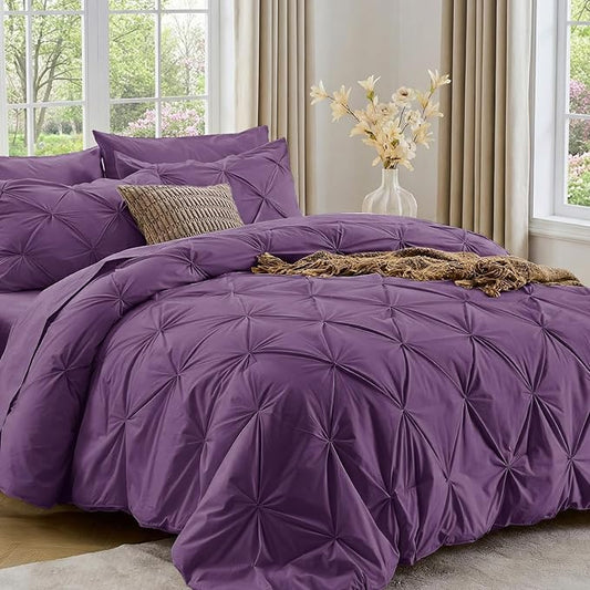 Sasttie Twin XL Comforter Set, 5-Piece Bed in a Bag, Pintuck Bedding Sets for All Season, Includes Comforter, Flat Sheet, Fitted Sheet, Pillowcase and Pillowsham, Grape Purple