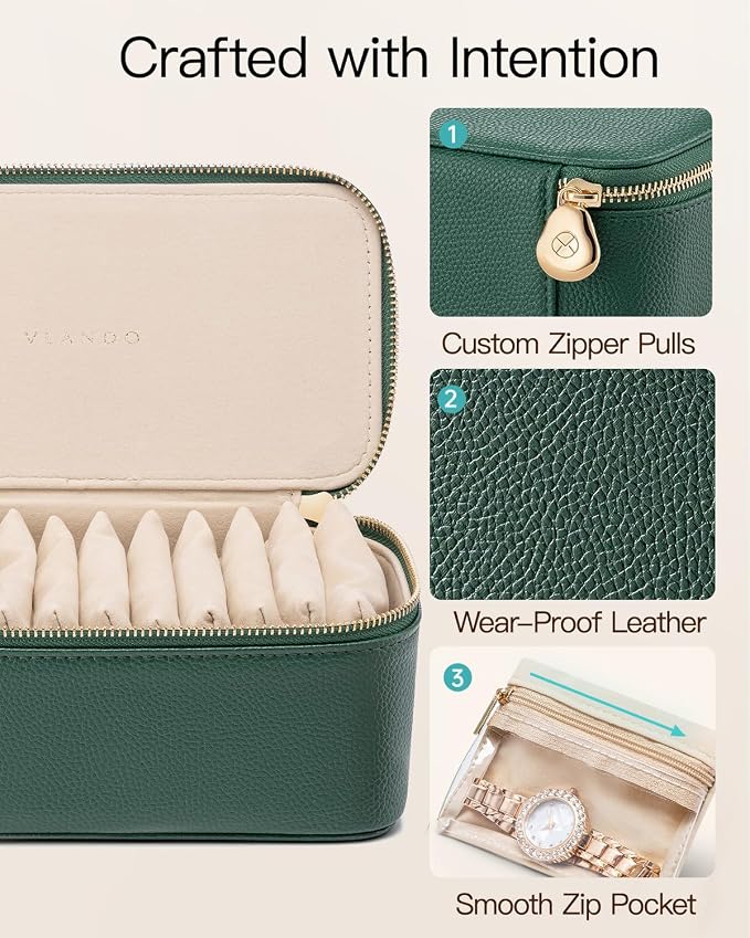 VLANDO Jewelry Travel Case,Travel Jewelry Organizer with Clear Velvet Jewelry Bags 12Pcs Zipper Pouch for Women Girl Gift-Green - Image 2