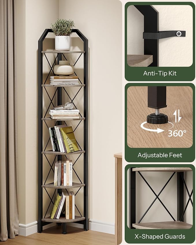 CHOEZON 6-Tier Corner Shelf, Industrial Corner Bookshelf, 71.2" Corner Storage Stand, Plant Stand Display Shelf, Corner Bookcase for Bedroom, Living Room, Home Office, Greige and Black TCJ11BG - Image 4