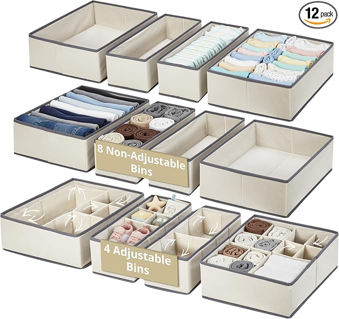 DECOMOMO Drawer Organizer for Baby – 12 Pack Clothes Organizer & Storage Dividers for Nursery, Storage Bins for Underwear, Bra, Socks, Diapers & Newborn Essentials (Beige) by DECOMOMO
