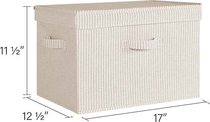 StorageWorks Fabric Storage Bins with Lid, Decorative Storage Boxes for Shelves, Stackable Closet Organizer Basket with Handles, Jumbo, Khaki and Beige Stripes, 2-Pack - Image 2