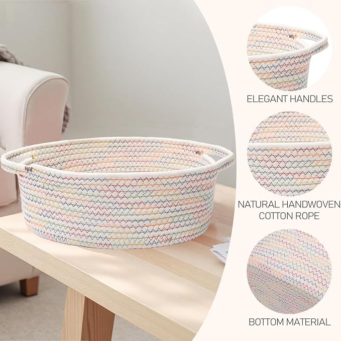 JMvicyroam Woven Basket,Small Rope Storage Bin with Handles & Ribbon Bag, Organizer for Shelves Closets,Gift Basket Empty for Birthday,Books,Dog Toys, Colorful/2 Pack - Image 3