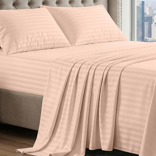 LANE LINEN 100% Egyptian Cotton King Sheets Set, Soft & Comfy Sateen Weave Mercerized Cotton Sheets King, Fully Elasticized Reinforced French Seam Fitted King Bed Sheets Damask Stripe – Veiled Rose