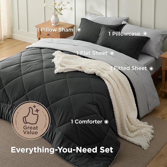 Bedsure Twin Comforter Set - 5 Pieces Reversible Charcoal Grey Bedding, Twin Size Bed Set for All Seasons, Bed in a Bag with Down Alternative Comforter, Sheets, Pillowcase & Sham
