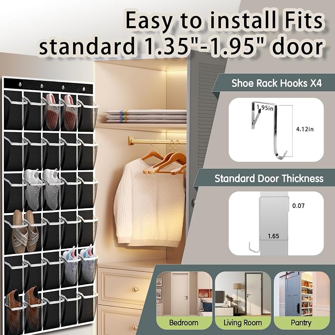 Kotkn Over the Door Shoe Organizer with 30 Breathable Mesh Pockets - Large Capacity Closet Storage for Men & Women, Hanging Shoe Rack Organizer (Solid black) - Image 4