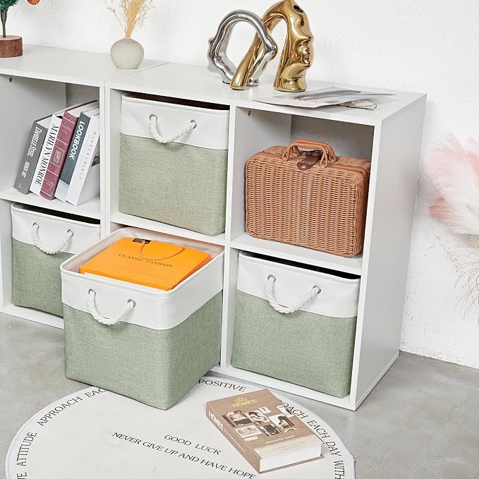 13 x 13 Inch Extra Large Storage Cubes,6 Pack Cube Storage Bins for Shelves，Fabric Collapsible Storage Bins with Handles, Foldable Storage Basket for Organizing Clothes, Toys (White&Green) - Image 5