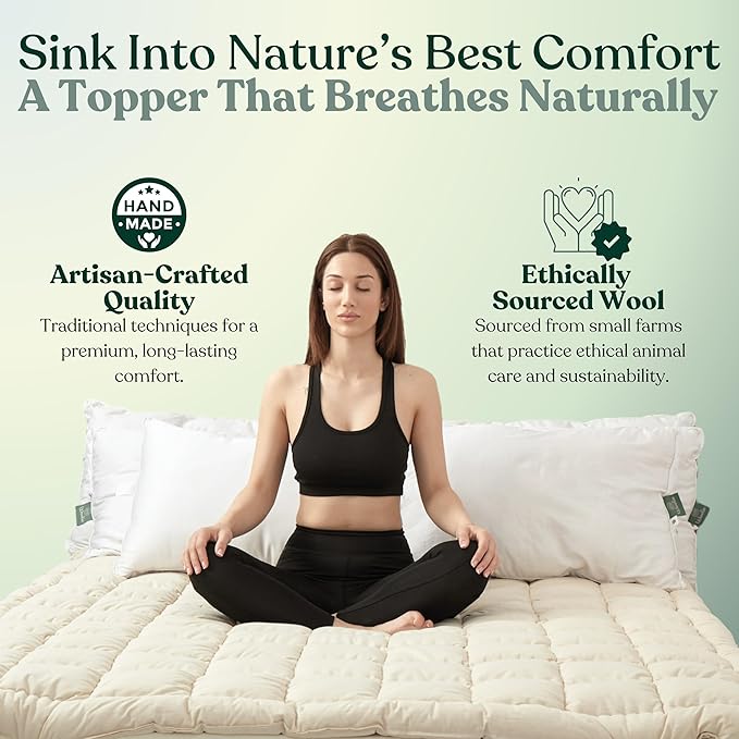 Organic Merino Wool Mattress Topper - Luxury Pillow Top Mattress Pad, Handmade, Non-Toxic, Cooling & Hypoallergenic, Natural Back Pain Relief, Sustainable Bedding (Twin XL)