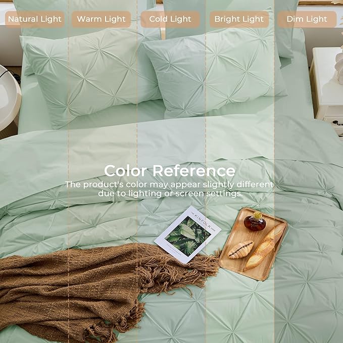 Sasttie Full Size Comforter Set, 7-Piece Bed in a Bag, Pintuck Bedding Set for All Season, Includes Comforter, Flat Sheet, Fitted Sheet, Pillowcases and Pillowshams, Light Sage Green