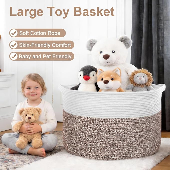 XXXL Large Laundry Basket, 105L Soft Cotton Rope Basket, Blanket Storage and Organizers, Baby Nursery Laundry Hamper, Extra Large Toys Storage Bins for Kids 23.6'' x 14.6'', White & Brown - Image 4