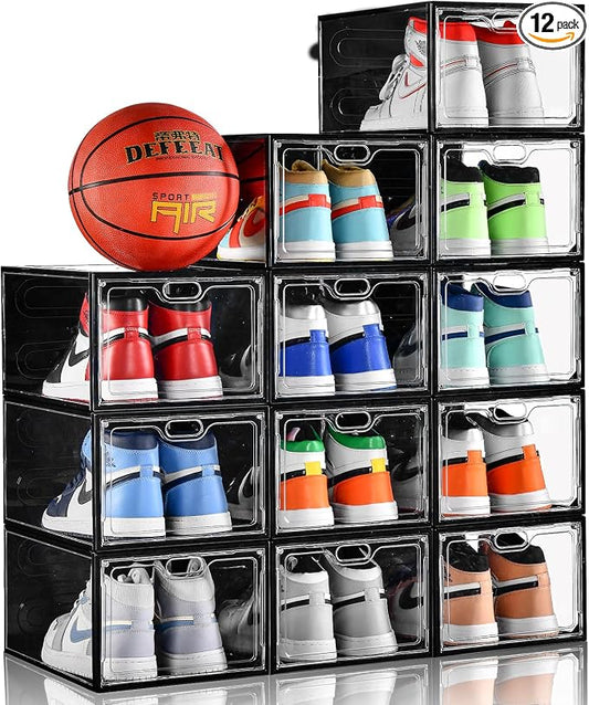 INSTY 12 Pack Large Shoe Storage Box, Clear Shoe Storage Organizer with Magnetic Door, Stackable,Shoe Containers For Display Sneakers, Easy Assembly, Fit up to US Size 12, Transparent by INSTY