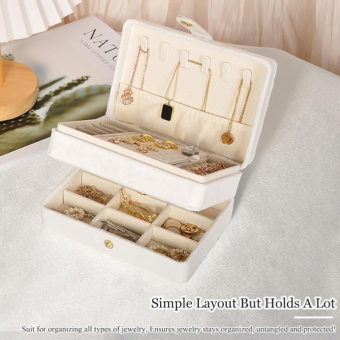 MODENGKONGJIAN Jewelry Organizer Box, 2-Layer Large Jewelry Storage Case, Portable Travel Jewelrys Display Holder for Earrings, Necklaces, Bracelets (White,Velvet) - Image 4