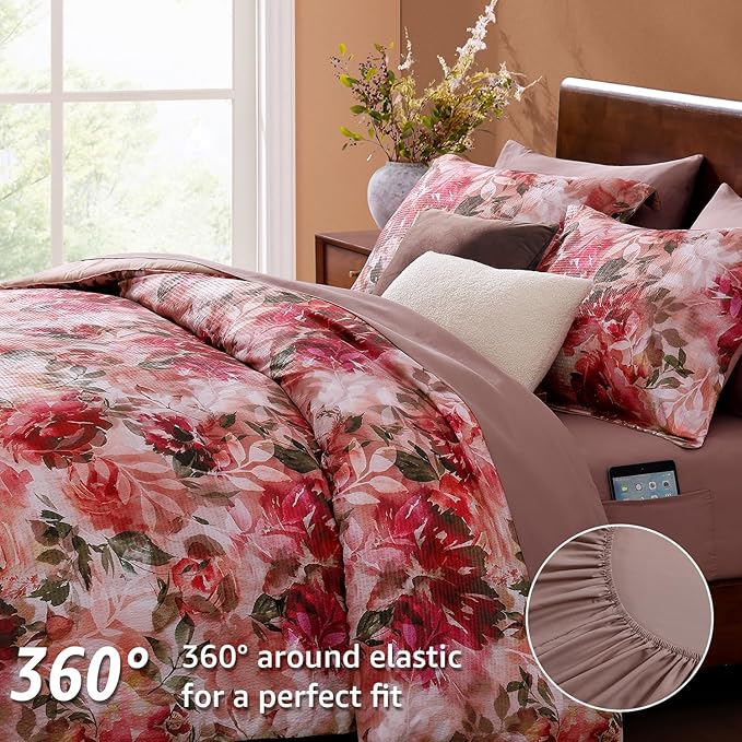 CASAAGUSTO Full Comforter Set, 7 PCS Red Rose Floral Comforter Set with Flowers Leaves Pattern, Soft Seersucker Design All Season Full Size Bedding Set(80"X90")