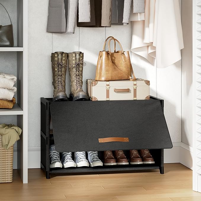 Shoe Rack, 3 Tier Shoe Storage Cabinet with Door 12 Pair Plastic Shoe Shelves Organizer for Closet, Entryway, Hallway, Bedroom, Black - Image 2