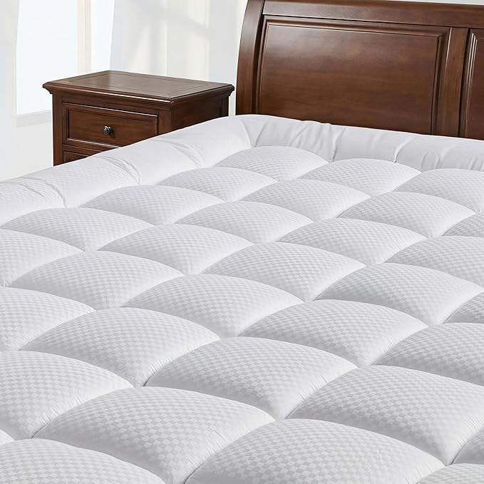 Full Size Quilted Fitted Mattress Pad with Deep Pocket 8-21" - Cooling Breathable Pillow Top Mattress Topper & Protector, Machine Washable, White, 54x75 Inches
