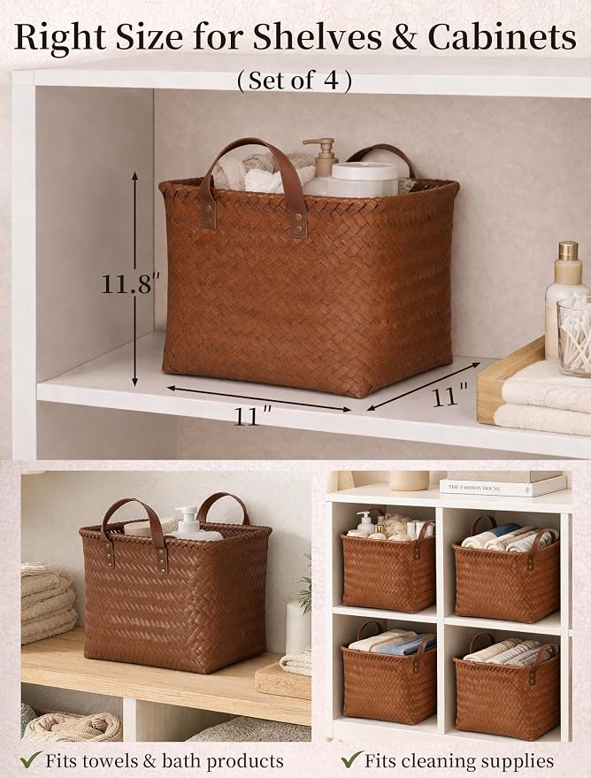 Hand Woven Baskets for Storage, 4Pcs Water-Resistant Wicker Baskets, Brown Wicker Storage Baskets for Shelves, Large Basket with Handle for Organizing, Clothes, Laundry, Blanket - Square - Image 2