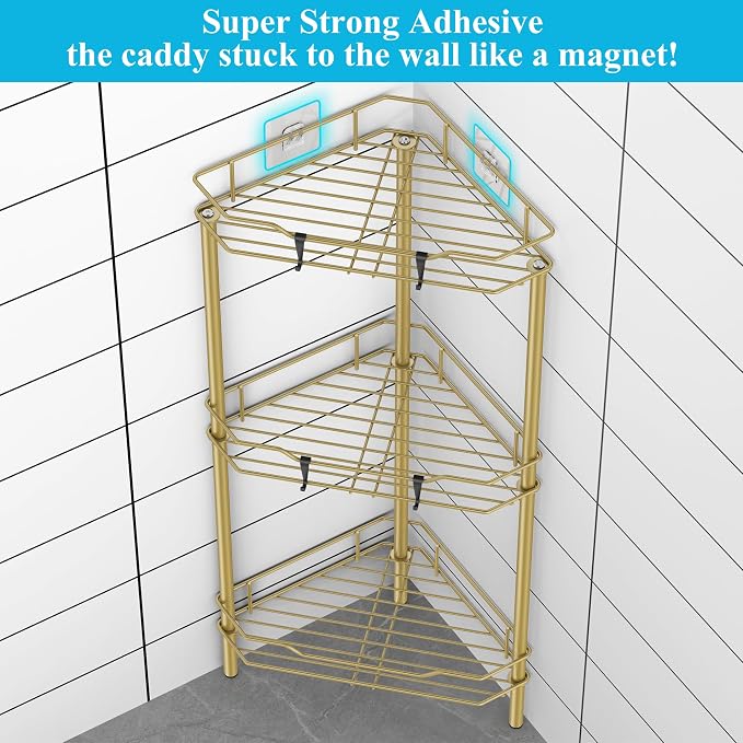 HuggieGems 3 Tier Floor Standing Corner Shower Caddy Organizer Shelf with Hooks, Bathroom Shelves Stand Rack, Gold - Image 2