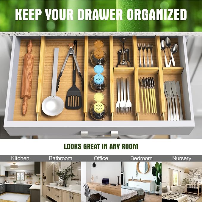 ANTOWIN Bamboo Drawer Dividers Organizers, Drawer Separators Splitter,17-22 inches Long Adjustable Spring-loaded Organizer for Large Utensil, Clothes, Tools Drawers(yellow) - Image 5