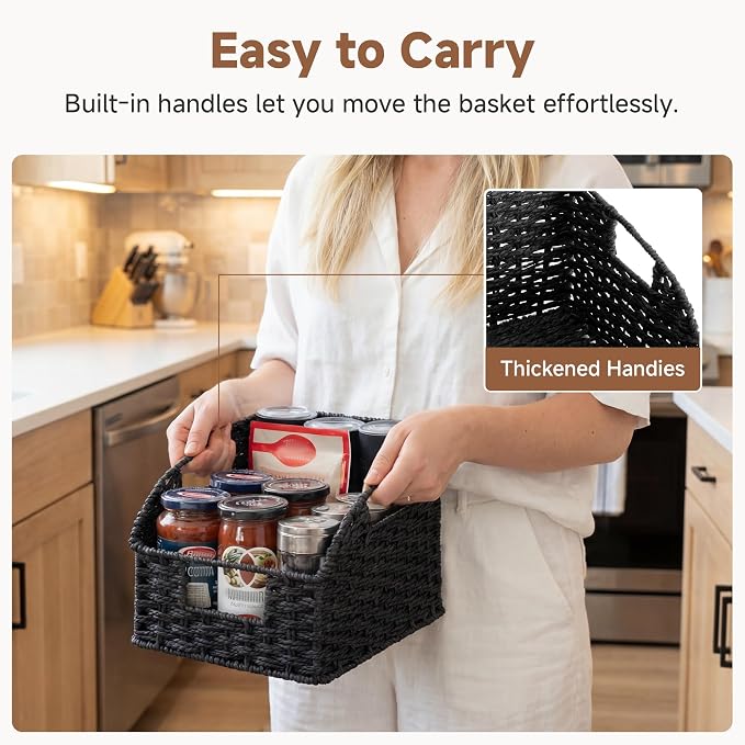 StorageWorks Pantry Organizers and Storage, Wicker Baskets with Handles, Pantry Baskets for Shelves, Paper Rope, Black， 2 Pack - Image 3