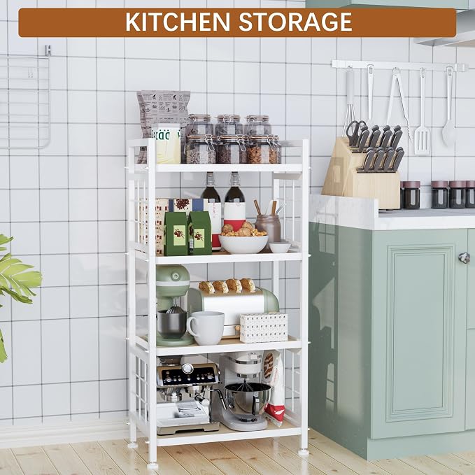 GIOTORENT 4-Tier Pantry Shelves with Wooden Boards, Heavy Duty Storage Shelves & Book Shelf, Adjustable Metal Shelving Unit for Kitchen Bathroom Laundry Organizer, Sturdy Rust-Resistant, White - Image 2