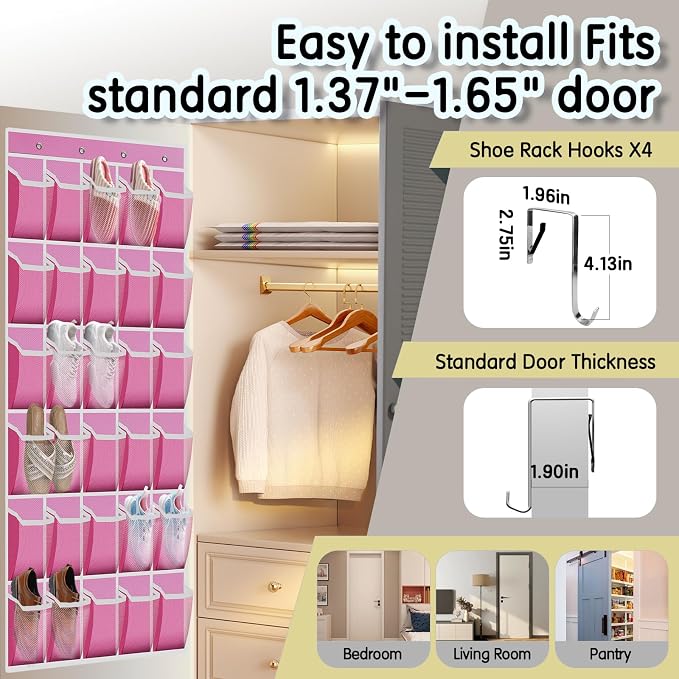 Kotkn Over the Door Shoe Organizer with 30 Breathable Mesh Pockets - Large Capacity Closet Storage for Men & Women, Hanging Shoe Rack Organizer (Pink) - Image 6