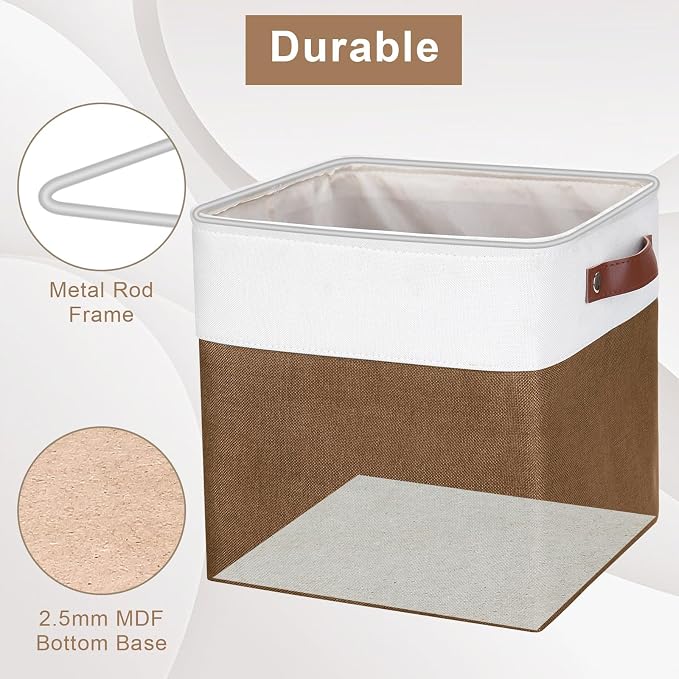 Bagnizer Collapsible Fabric Storage Cubes 11x11 Cube Storage Bins, 4 Pack Closet Baskets Box with Handles for Organizing, Shelf, Toys, Clothes, Home, Office, Nursery (Brown&White) - Image 5