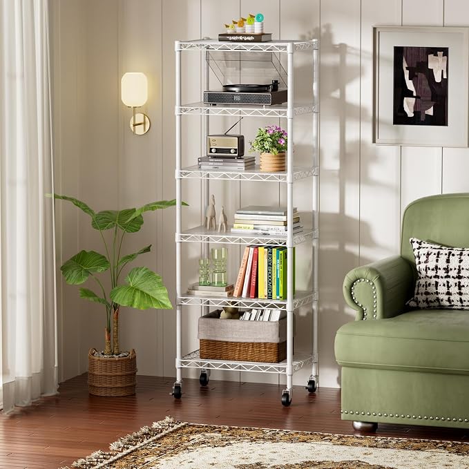 SINGAYE 6 Small Shelf Storage Wire Shelves Closet Bathroom Organizers Metal Pantry Kitchen Garage Shelving Unit Laundry Room Organization Home Narrow Rack Net Basket with Wheels White - Image 2