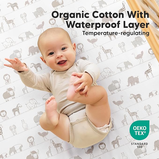 2-Pack Waterproof Crib Sheets for Boys, Girls - 52x28 Fitted Organic Cotton Baby Crib Sheets, Toddler Mattress Protector Cover, Washable, Soft & Durable Baby Bedding Essentials (Savannah)