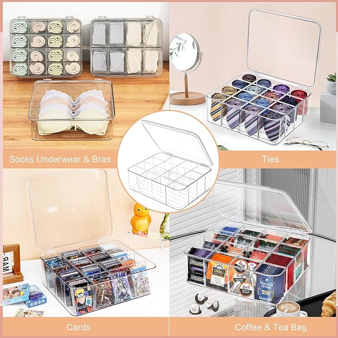 2pcs Sock Underwear Organizer, Sunoyar 16 Compartment Adjustable Dividers Tie Bras Socks Underwear Drawer Organizers for Closet, Clear Plastic Storage Containers Box with Lids for Ties Bra Scarf Socks - Image 6