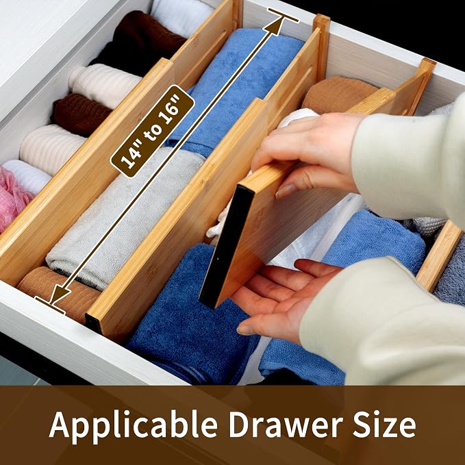 Utoplike Bamboo Dresser Drawer Dividers, 4'' High Adjustable Drawer Organizers for Clothing, Spring Loaded, Works in Kitchen, Bathroom, Bedroom, Drawer, Desk, 4 pcs - Image 2