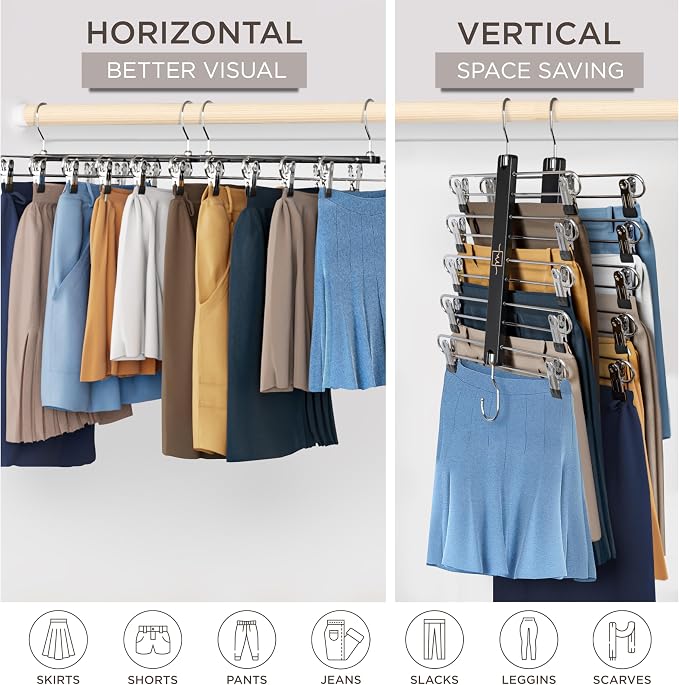 MORALVE Skirt Hangers Space Saving with Clips - 2 Pack - European Beechwood 5-Tier Hanger for Shorts, Skirts, and Pants - Closet Organizer and Storage Solution for Women with 360° Swivel Hook - Image 4