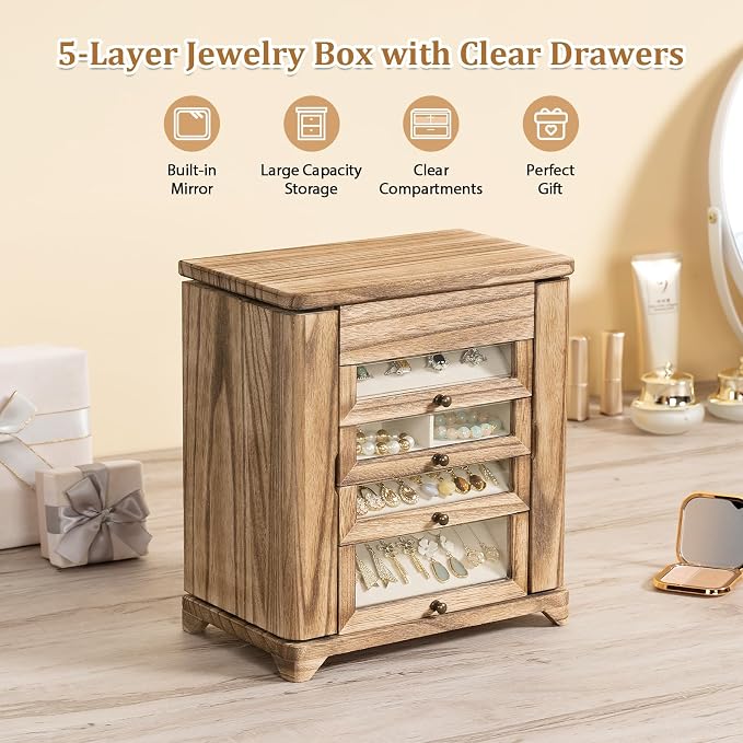 Large Jewelry Box & Organizer for Women, Wooden Jewelry Storage with 4 Transparent Drawers, Holds Necklaces, Rings, Bracelets, Earrings and Watches(Brown) - Image 7
