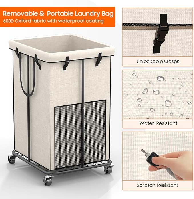 150L Laundry Hamper with Wheels, Rolling Laundry Basket with Metal Frame and Removable Bag, Large & Tall Dirty Clothes Hampers for Bedroom Aesthetic, Laundry Room, Bathroom, Dorm-White - Image 5