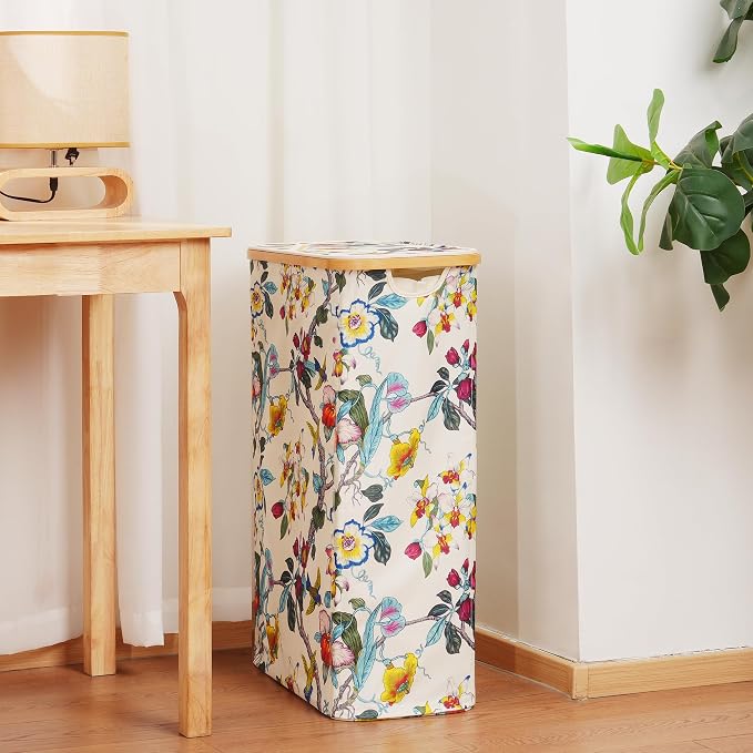 efluky Slim Laundry Basket with Lid, Narrow Laundry Hamper with Removable Bag, Skinny Dirty Clothes Basket with Bamboo Handles for Bathroom, Bedroom & Laundry Room, 75L Floral - Image 3
