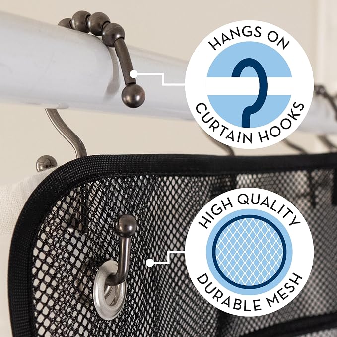 S&T INC. Shower Organizer, Shower Caddy or Bathroom Organizer with Quick Drying Mesh, 7 Pockets to Hold Shampoo, Soap, Loofah, and Cruise Ship Essentials, 14 Inch by 30 Inch, Black, 2 Pack - Image 2