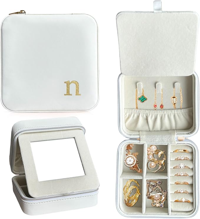 COLLECTIVE HOME - Travel Jewelry Case, Elegant Square Design with Gold Engraved Monogram, Built-in Mirror, Personalized Accessory Organizer for Rings, Necklaces, Gift for Women and Teens (n) by COLLECTIVEHOME